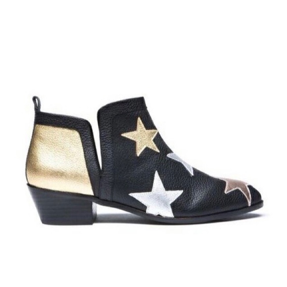 LuLaRoe Shoes - LulaRoe Laura Black Leather Western Metallic Gold & Silver Stars Ankle Boots